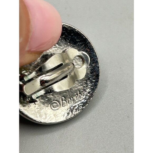 Berebi Vintage Green Enamel Silver Tone Round Clip-On Earrings 1" Diameter - Picture 5 of 6